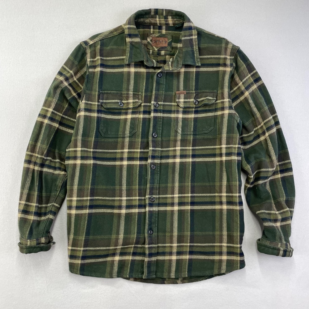 ORVIS Shirt Jacket Mens Large Green Plaid Thick Cotton Flannel Shacket Pockets